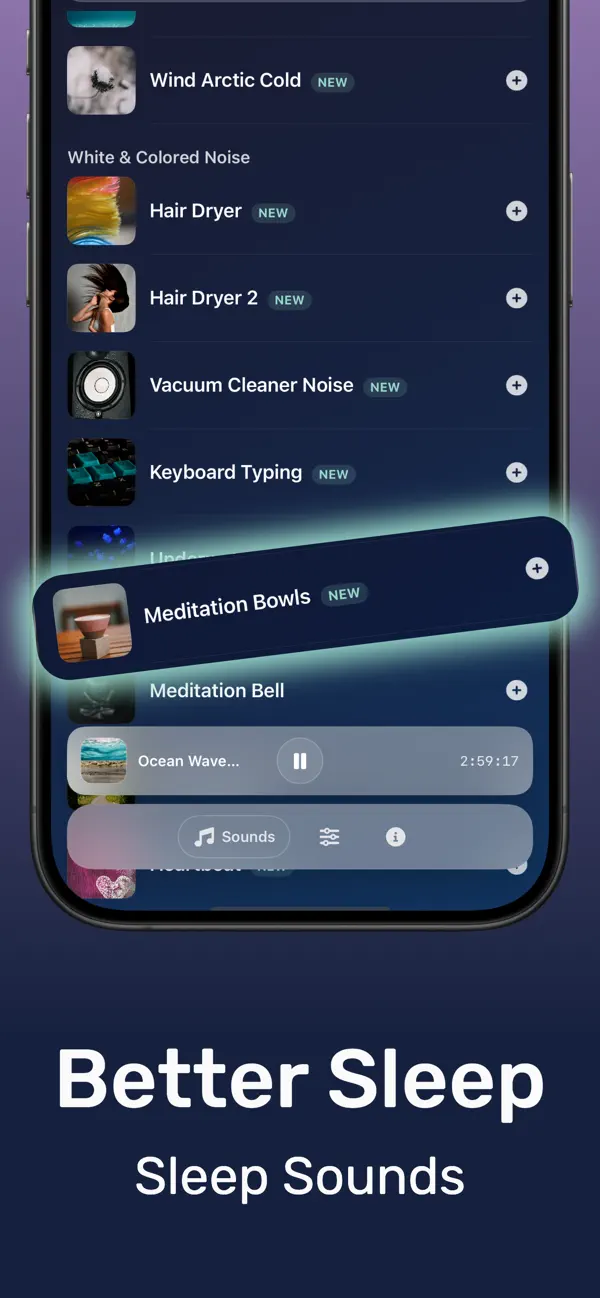 Sleep sound library in the DRMN app with noise colors, rain, and nature sounds