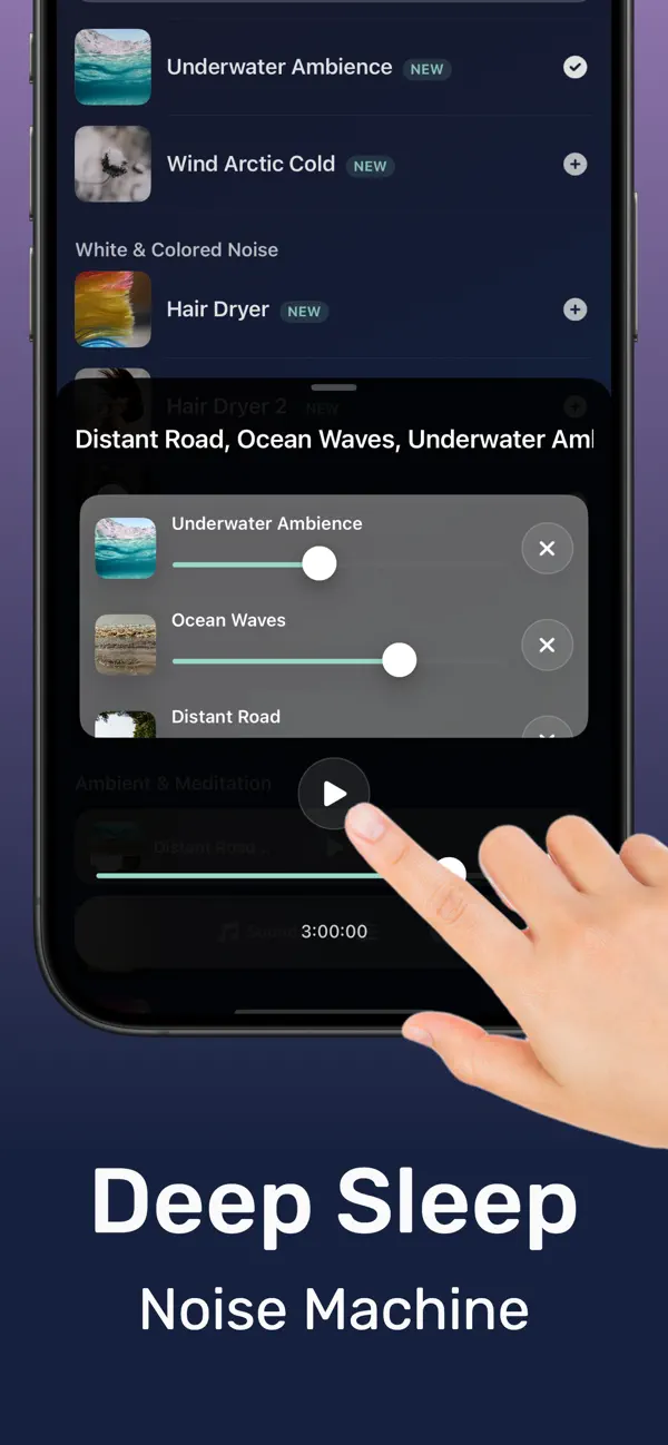 DRMN sound machine app mixer layering multiple sleep sounds on iPhone