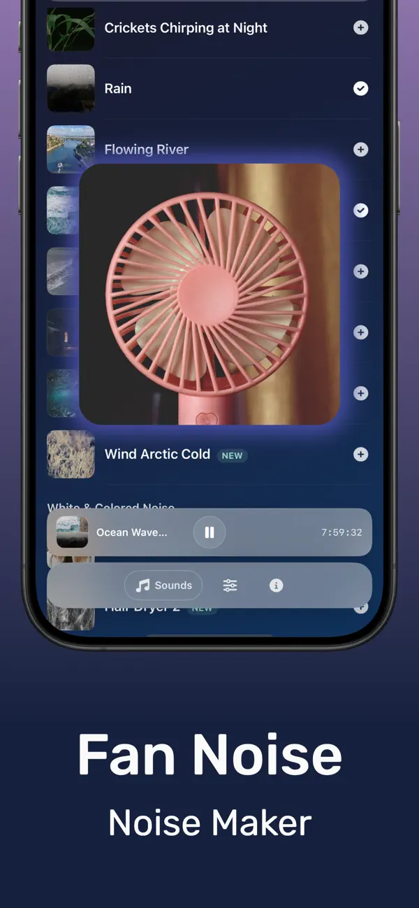 Fan noise for sleep playing in the DRMN sound machine app on iPhone