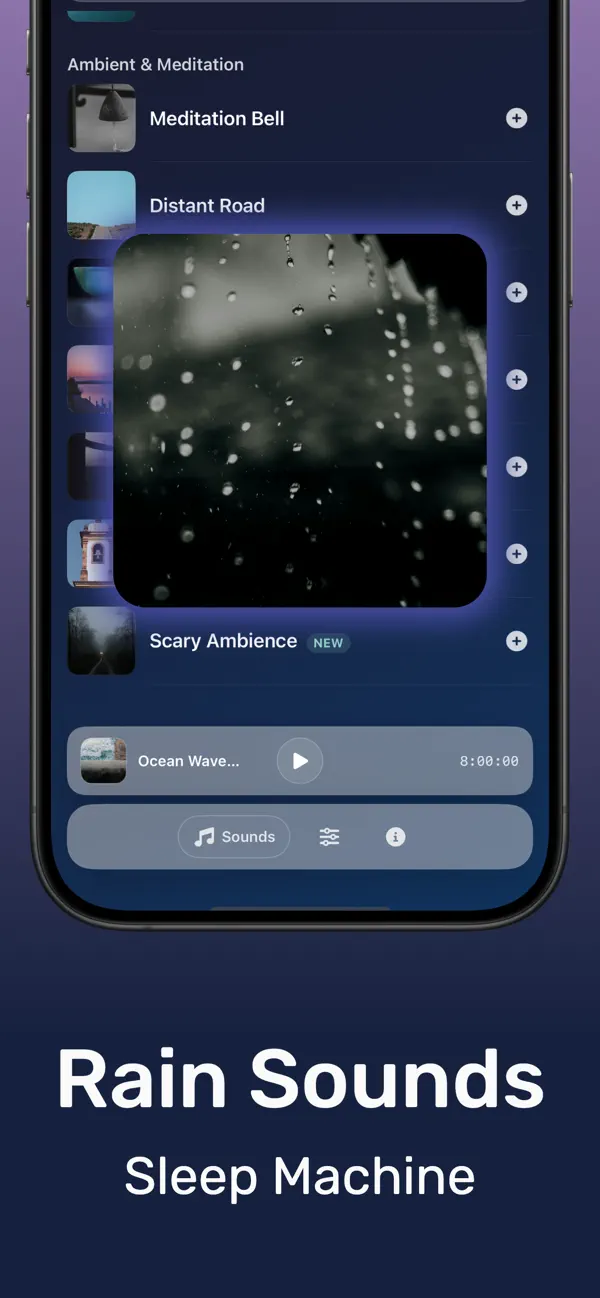 Rain sounds for sleeping playing in the DRMN white noise app on iPhone