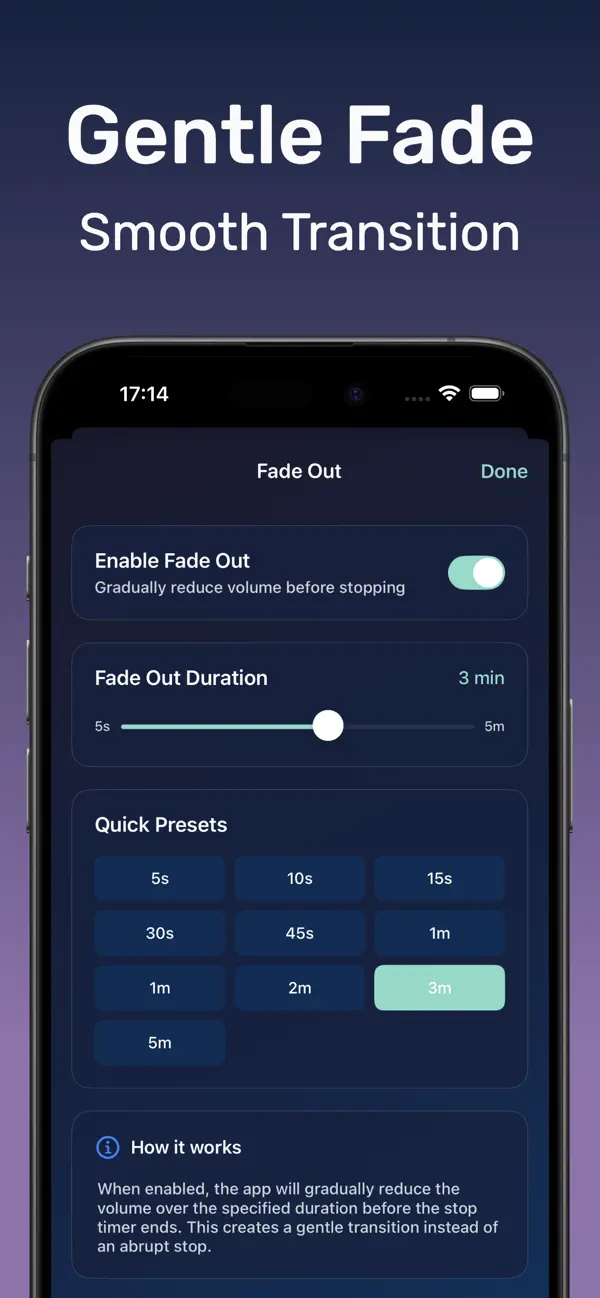 Gradual fade-out setting in the DRMN deep sleep sounds app