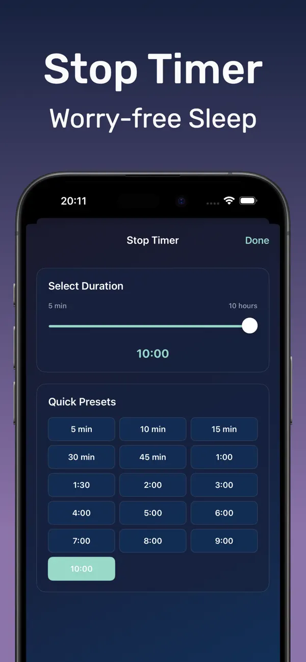 DRMN sleep timer set on iPhone with options up to 10 hours